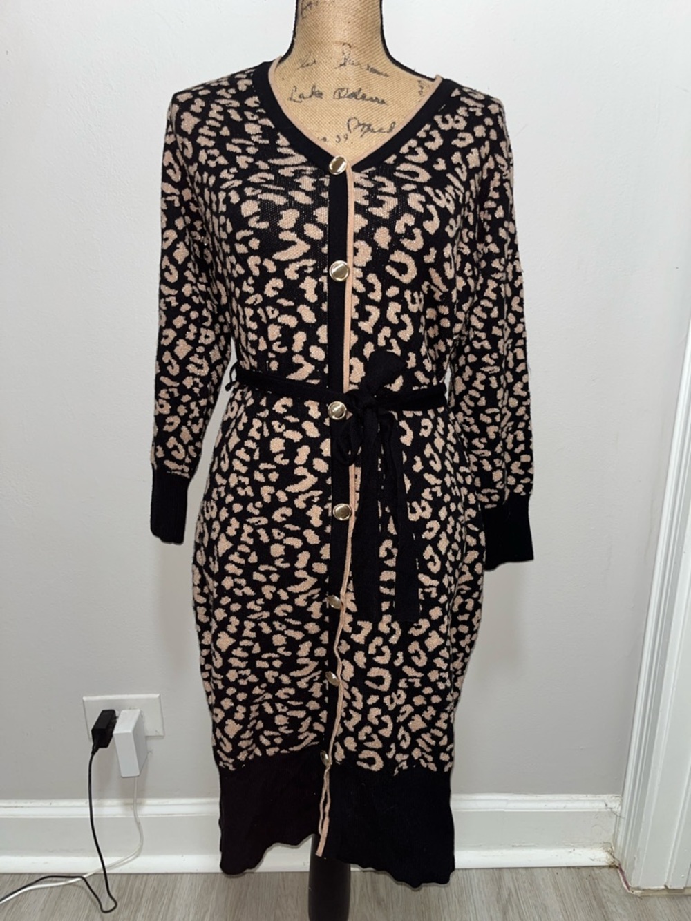 Leopard Print Button-Front Knit Cardigan Sweater Dress in Black and Beige Small